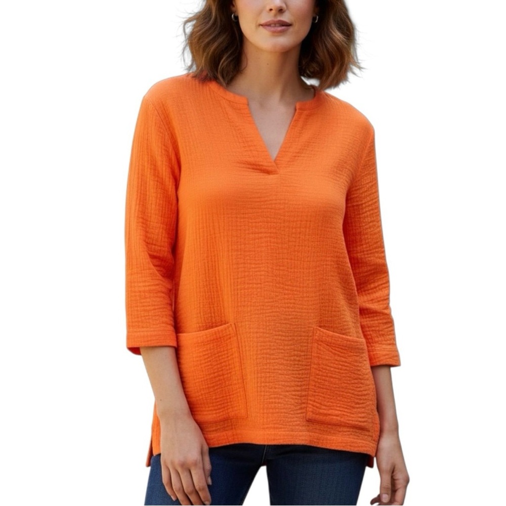 Soft Surroundings Araza Gauze Orange Top Pockets Summer Vacation Women’s Size PM